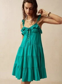 Bohemela Women's Solid Color Sleeveless Ruffle Hem Vacation Dress With Pleated Lace Trim And Wide Straps For Summer - Green - View 5