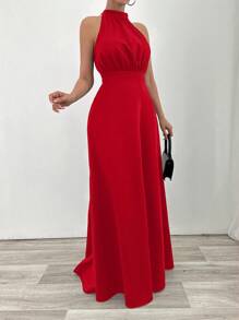 EURMUSE Halterneck Detailed Fish Form Long Dress - Red - View 5