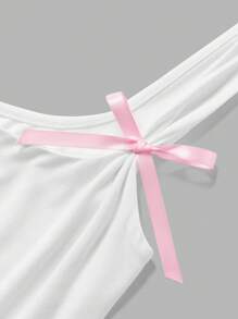 SHEIN EZwear Trang trí nơ mùa hè Áo ba lỗ dệt kim bó sát thông thường - trắng - Xem 3
