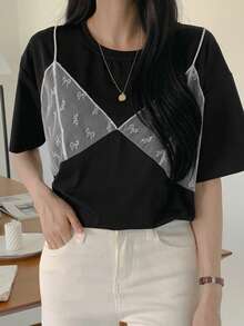 DAZY 網眼對比色圓領寬鬆長/短袖女T恤 - 黑色 - 查看 5