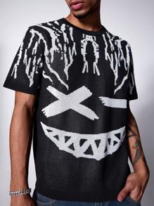 Manfinity Roghcode Men's Crew Neck Allover Print Summer Short Sleeve Knit Top In Street Style - Black and White - View 1