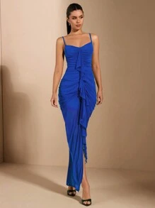 SHEIN BAE Elegant And Sexy Long Women's Dress With Ruched And Ruffled Front Panel Design - Royal Blue - View 3