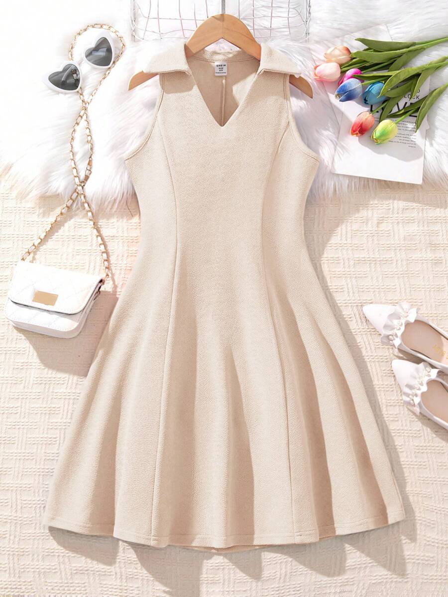 Tween Girl Turn-Down Collar Waisted A-Line Umbrella Dress, Elegant Dress - Apricot - View 1