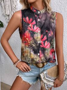 SHEIN LUNE Women's Random Print Sleeveless Button-Up Shirt - Multicolor - View 4