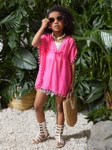SHEIN Young Girl Woven Loose-Fit Fringed Casual Cover Up - Hot Pink - View 5