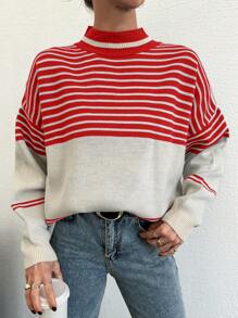 EURMUSE Jersey con patrón de rayas de hombros caídos - Rojo - Ver 4