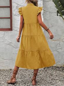 EMERY ROSE 女式宽松休闲夏季连衣裙，V 形缺口和荷叶边细节，长款女装