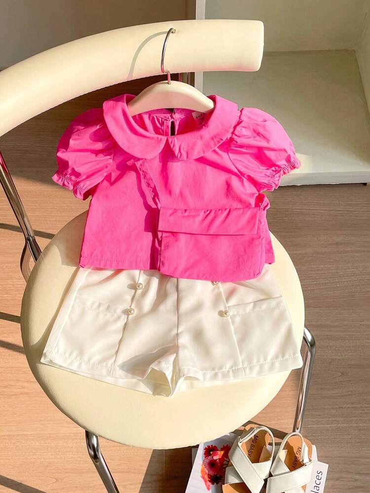 Baby Girl Casual Solid Color Peter Pan Collar Bubble Sleeve Shirt And Shorts Set