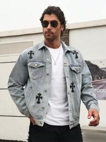 Manfinity LEGND 男士時尚十字印花長袖牛仔外套 - 中等水洗藍 - 查看 3