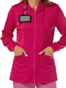 TaskEZ Women's Pink 2 Pocket Front Zipper Comfort Soft Stretch Knit Hooded Scrub Uniform Jacket Nurse Scrub Uniform Jacket