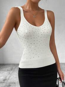 Franclia Suéter Feminino Branco Tricotado com Apliques de Strass - Branco - Ver 7