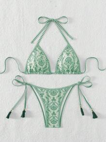 Women's Summer Beach Printed Halter Neck Strap Two-Piece Bikini Set With Sexy Bottoms - Green - View 4