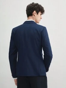 Manfinity RebelGame 易护理男士老式风格商务休闲半帆布编织西装外套，双排扣，适合春夏季和秋冬季 - 藏蓝色 - 查看 2