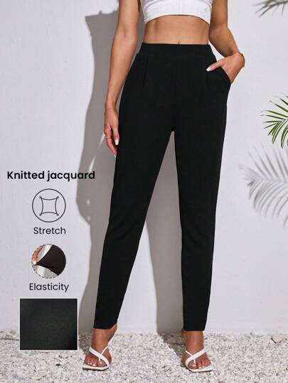 SHEIN Tall Women's High-Waisted Black Pants With Pleats And Tight Fit Pockets