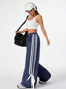 Coolane Pantalones largos de mujer informales con bloqueo de color, borde y cinturón de lazo, primavera/verano