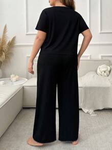 Contrasting Neckline Fitted Pajama Set - Black - View 3