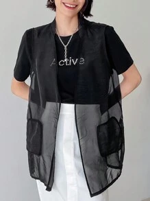 FRIFUL Women's Solid Color Round Neck Sleeveless Mesh Top With Tie And Pocket Sheer - Black - View 5