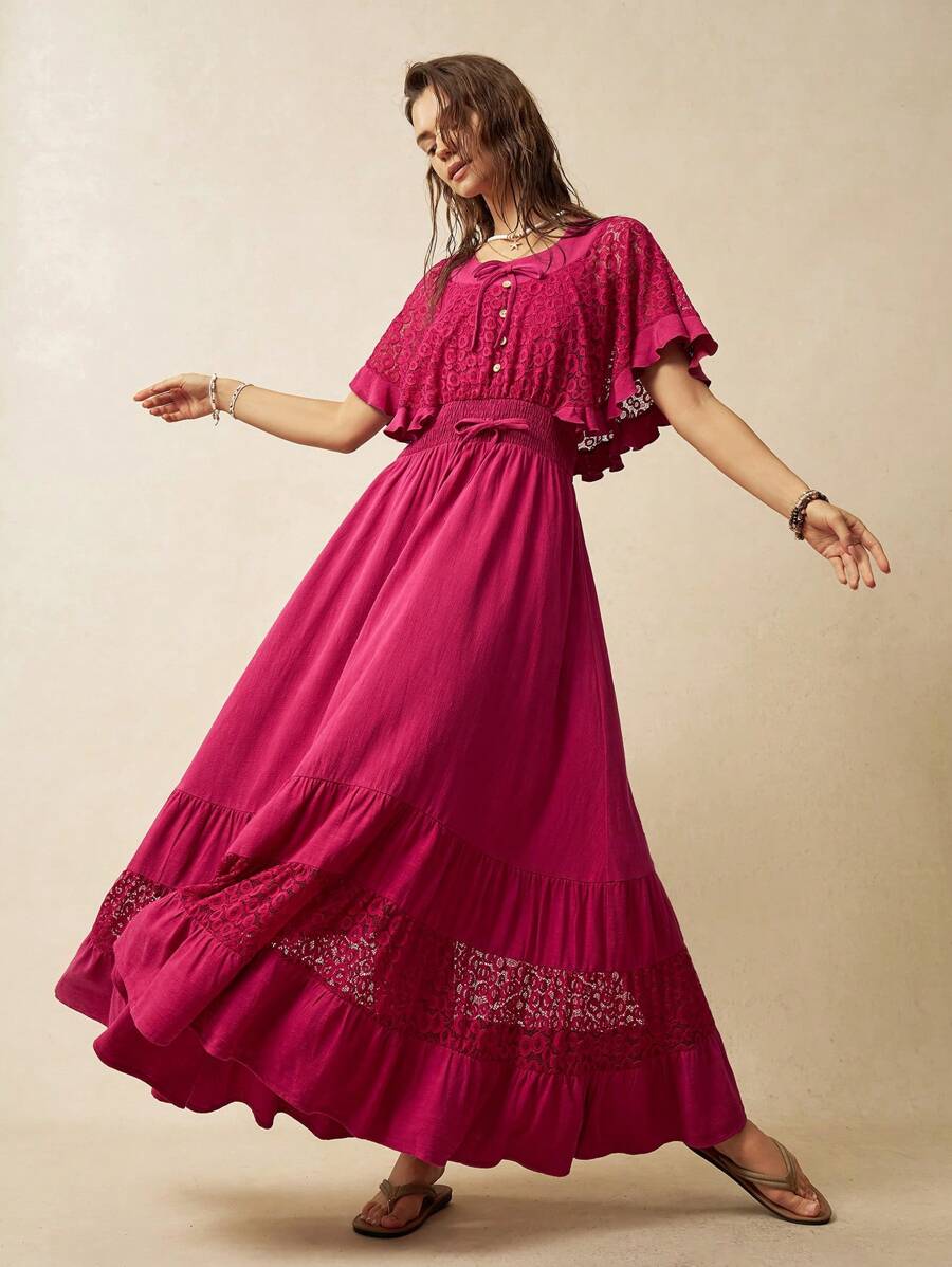 Bohemela Boho Retro Contrast Lace Waist Cinched Women's Dress - Red - View 1