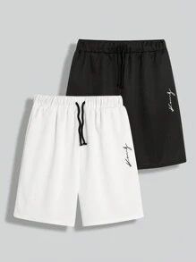 SHEIN Leap Crew Teen Boy Casual Shorts With Waist Drawstring And Printed Pattern, 2pcs/Set, Summer - Black and White - View 3