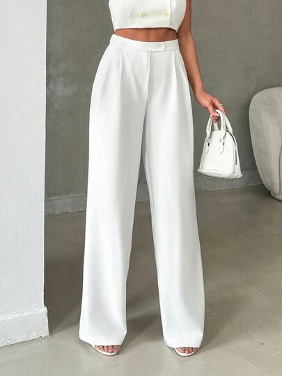 SHEIN Plus Women's Stylish Solid Color High Waist Straight Pant With Button And Zipper Details High Waist Pants White Wide Leg Pants Women White Pant