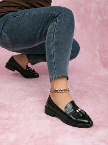 女款圓頭厚底麂皮加厚帶流蘇粗跟懶人鞋，寬碼扁平鞋底，適用於春秋季節