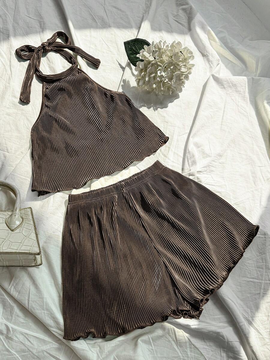 SHEIN Unity Women's Lettuce Edged Halter Top And Shorts Set For Summer - Coffee Brown - View 1