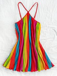 Soleia Vestido veraniego casual y suelto con línea A, plisado, minifalda y rayas de colores para mujer