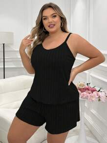 SHEIN Plus Size Solid Color Textured Cami Top And Shorts Pajama Set Lounge Set - Black - View 5