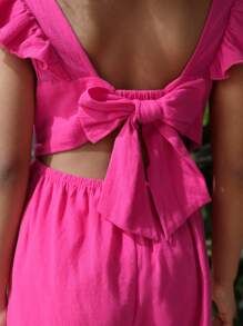 SHEIN 年輕女孩編織純色無袖連身褲，帶褶邊裝飾，休閒風格和寬鬆版型