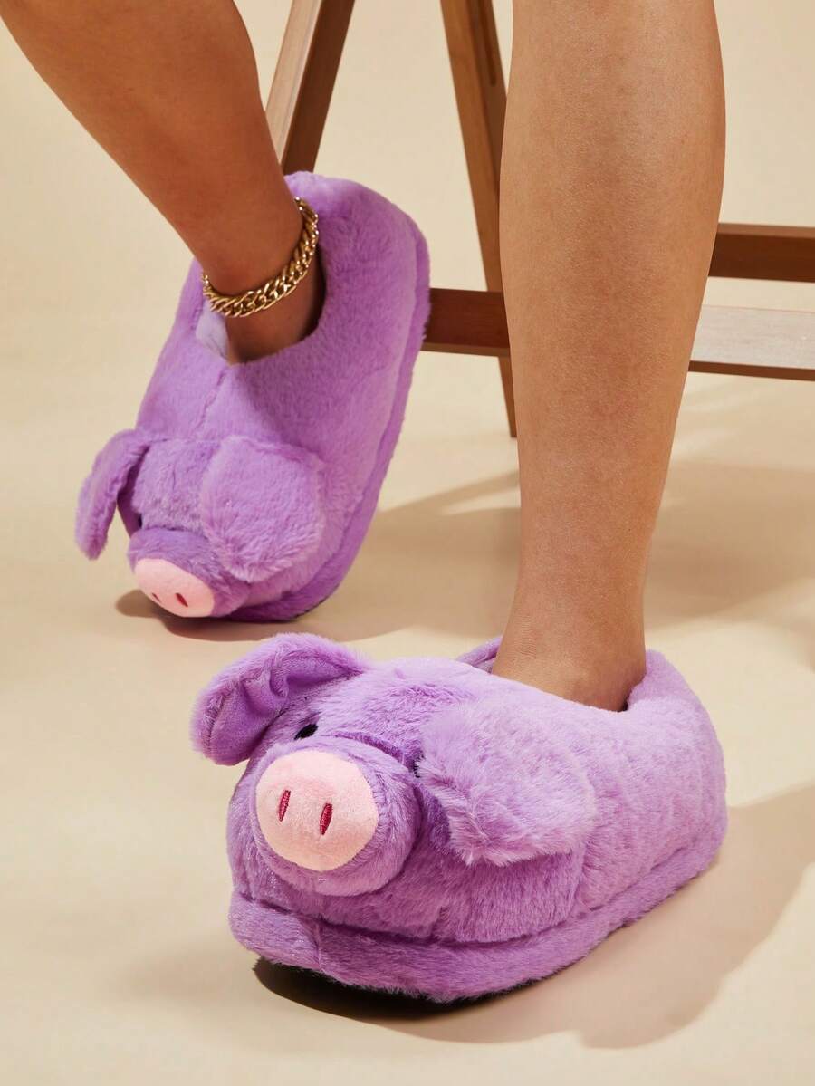 Cute Pig Thick Sole Funny Indoor Slippers, Closed Toe, Warm, Non-Slip Soft Bottom Women Slippers, Couple Gift - Purple - View 1