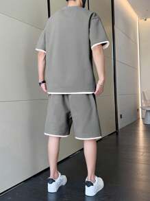 Men's Summer Color Block Round Neck Short Sleeve Casual T-Shirt And Drawstring Waist Shorts Set, Cozy Outfits - Grey - View 3