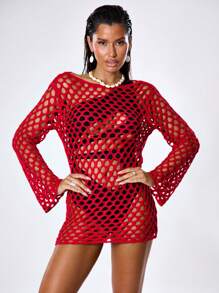 Musera Resort 夏季镂空钩针长袖迷你毛衣连衣裙，适合度假海滩度假