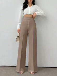 EURMUSE 女款純色休閒優雅飄逸長褲 - 摩卡棕 - 查看 5
