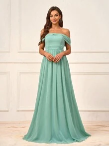 SHEIN Belle 優雅草綠色雪紡質地露肩連衣裙，前疊褶領口，後蝴蝶結，適合婚禮季、婚禮活動、正式伴娘禮服 - 綠色 - 查看 8