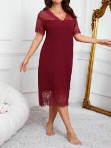 Slumberist Plus Size Summer Solid Color Lace Patchwork Short Sleeve Pajama Night Dress - Burgundy - View 4