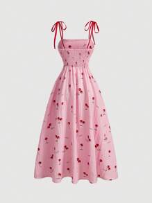 SHEIN MOD Vestido Longo Feminino com Estampa de Cereja - Rosa chiclete - Visão 2