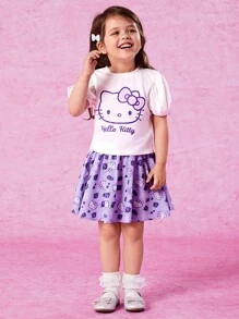 HELLO KITTY AND FRIENDS | SHEIN Young Girl Cute Casual Sweet Puff Sleeve Top And Cartoon Print Skirt Set Clothes