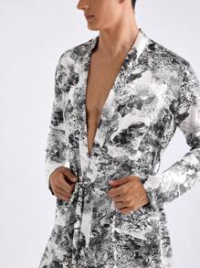 Men's Simple Daily Robe With Random Prints - Black and White - View 8
