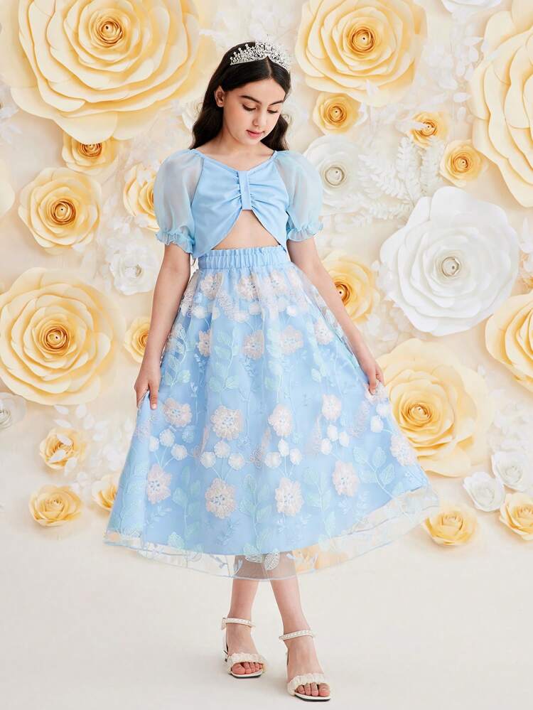 Tween Girl Elegant Contrast Mesh Top & Flower Embroidery Skirt, Great For Parties And Vacations, 2-Piece Set For Spring/Summer