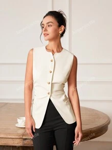 Chaleco de mujer sin mangas acortado para uso casual en la oficina, con diseño elegante y ceñido al estilo "Old Money", para primavera/verano