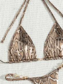 SHEIN Swim 2 件女式 2025 蛇皮印花吊带系领性感比基尼泳装套装，夏季海滩 - 彩色 - 查看 4