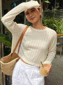 DAZY Áo thun nữ dài tay cổ tròn Jacquard rỗng - Màu be - Xem 7