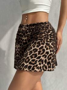 SHEIN EZwear Summer Fashion Leopard Print Ruched Mini Skirt