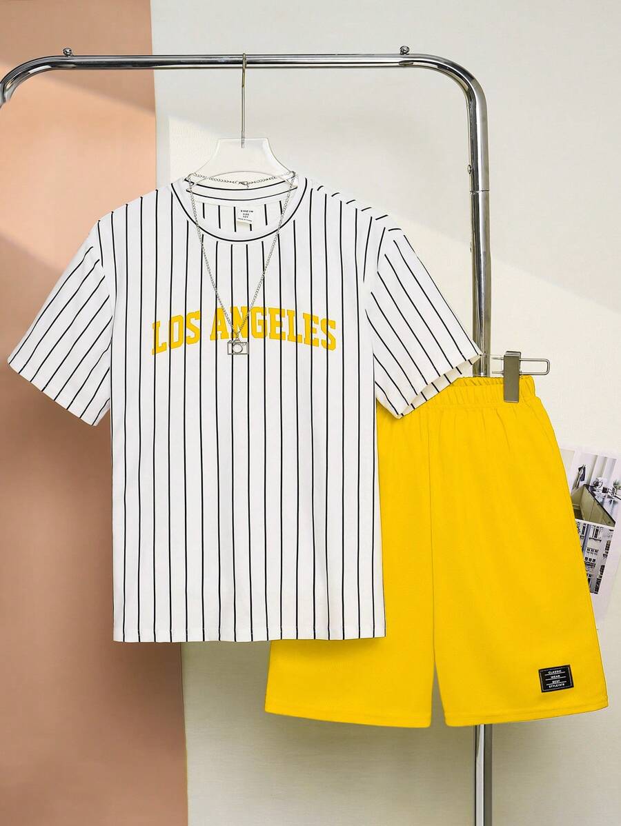 SHEIN Tween Boy Street Style Letter Printed Striped Crew Neck Short Sleeve T-Shirt And Solid Knit Shorts Two-Piece Casual Set - Yellow - View 1