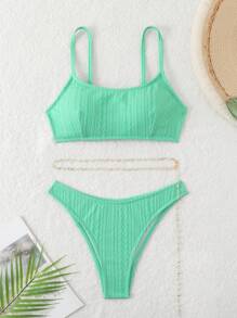 SHEIN Swim Women's Solid Color Sexy Bikini Set For Summer Beach, Separates - Mint Green - View 7