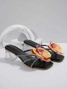 2024 新款欧美风格海滩旅游花卉装饰女士高跟凉鞋，夏季外套 - 黑色 - 查看 6