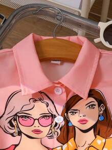 SHEIN 嬰兒女孩休閒街頭風格卡通人像印花落肩領上衣和百褶裙套裝，春夏戶外服裝 - 藕粉色 - 查看 4