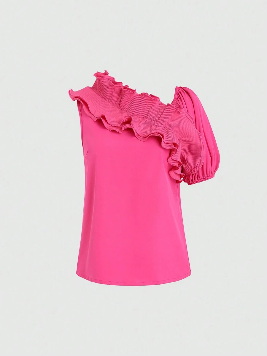 SHEIN Unity 女士夏季純色荷葉邊斜肩時尚上衣 - 玫紅色 - 查看 1
