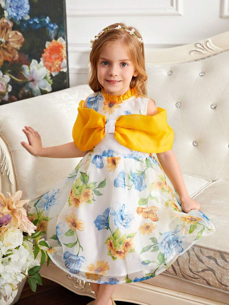 Young Girl's Shift Dress With Peter Pan Collar, Contrast Front Bow & Flower Pattern
