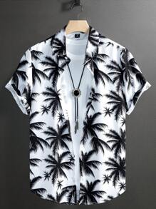 Genlund Men Coconut Tree Printed Short Sleeve Casual Shirt For Summer, Slim Fit Button Up Tropical Graphic Beach Shirt For Husband, Holiday - Black and White - View 4